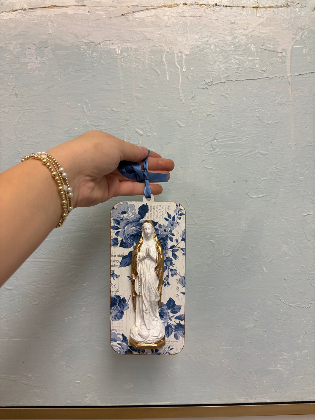 Blue+ white flowers background Mary Ornament - Sacred Designs