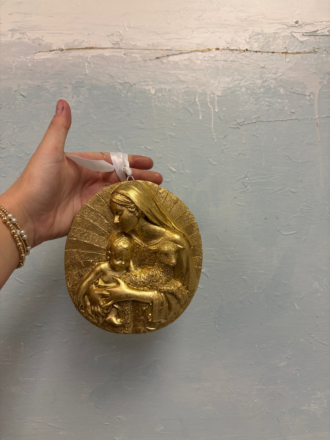 Mary and baby,sheep gold with sun raise back ornament-Sacred Designs