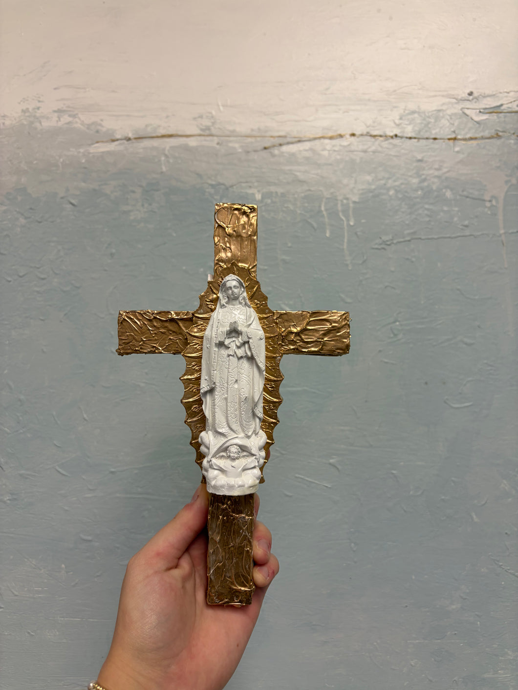 Gold cross  white mary praying w/baby on gold shield - Sacred Designs