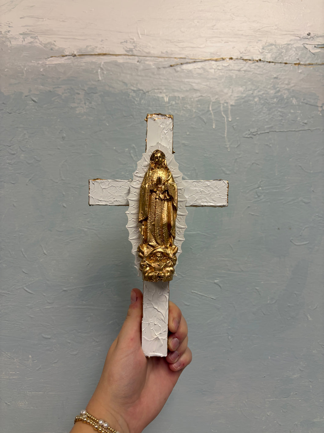 Gold + White cross  mary praying w/baby on white shield - Sacred Designs