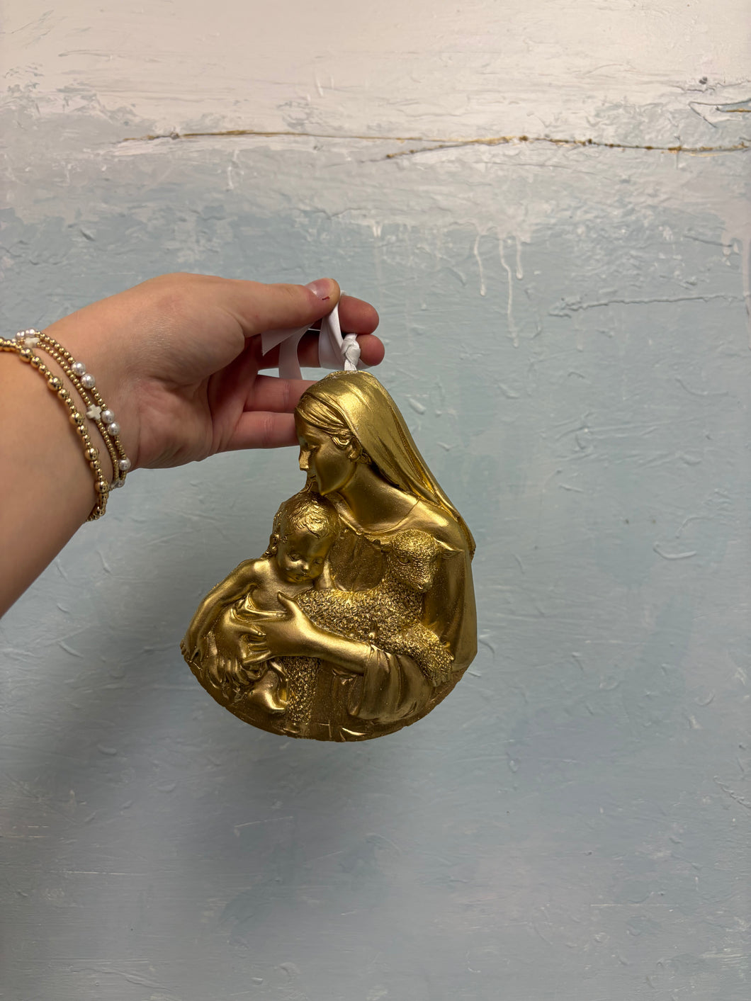 Mary and baby with sheep gold ornament-Sacred Designs