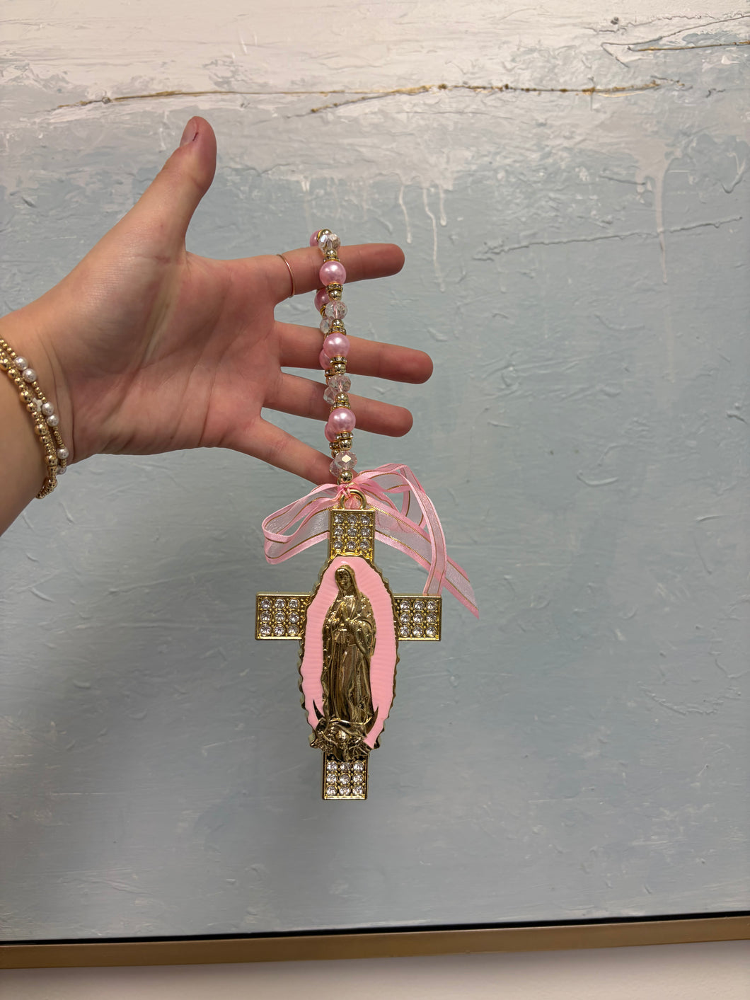 Pink baby blessing beads with cross w/rhinestone - Sacred Designs