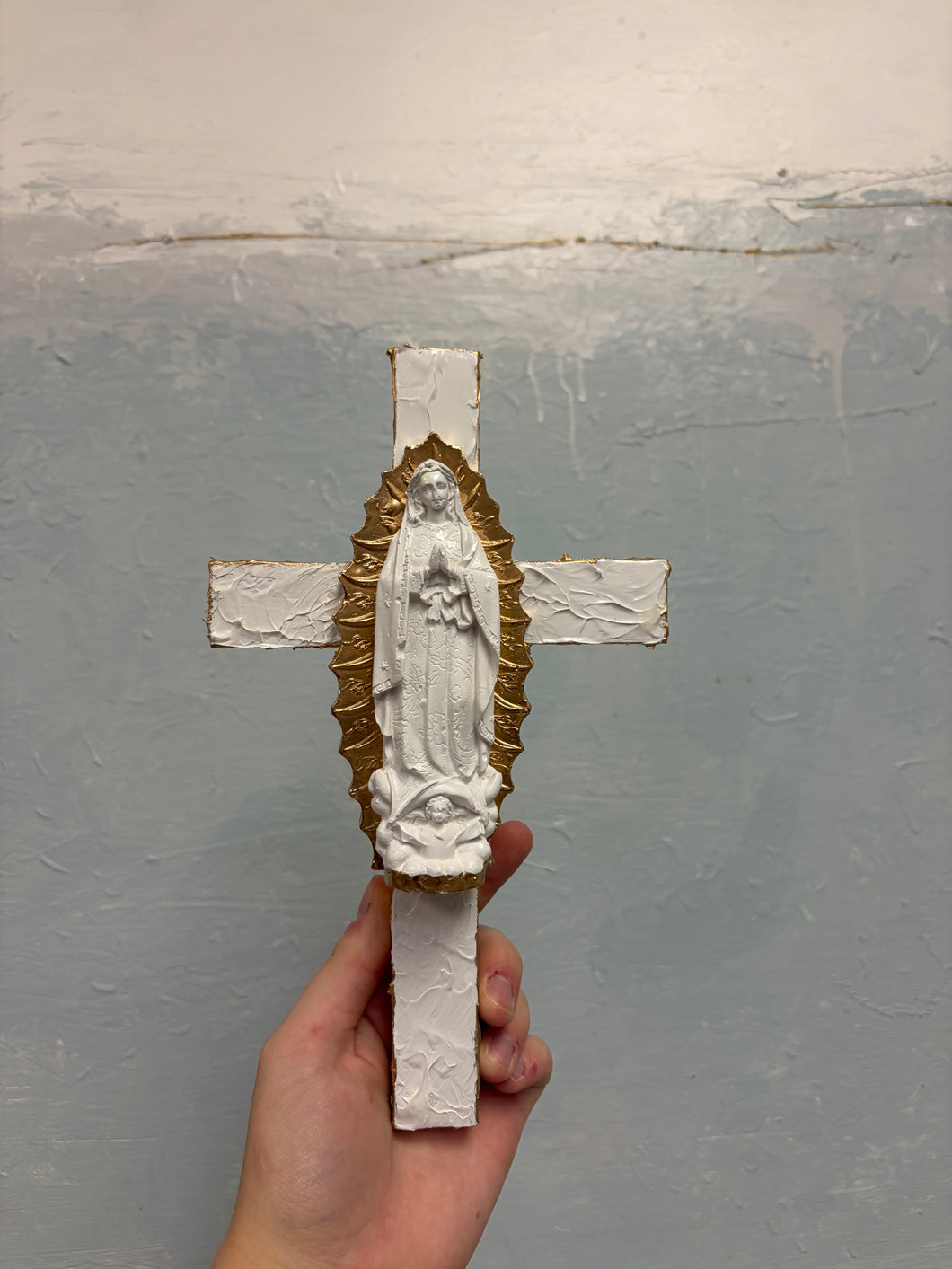 Gold + White cross  white mary praying w/baby on gold shield - Sacred Designs