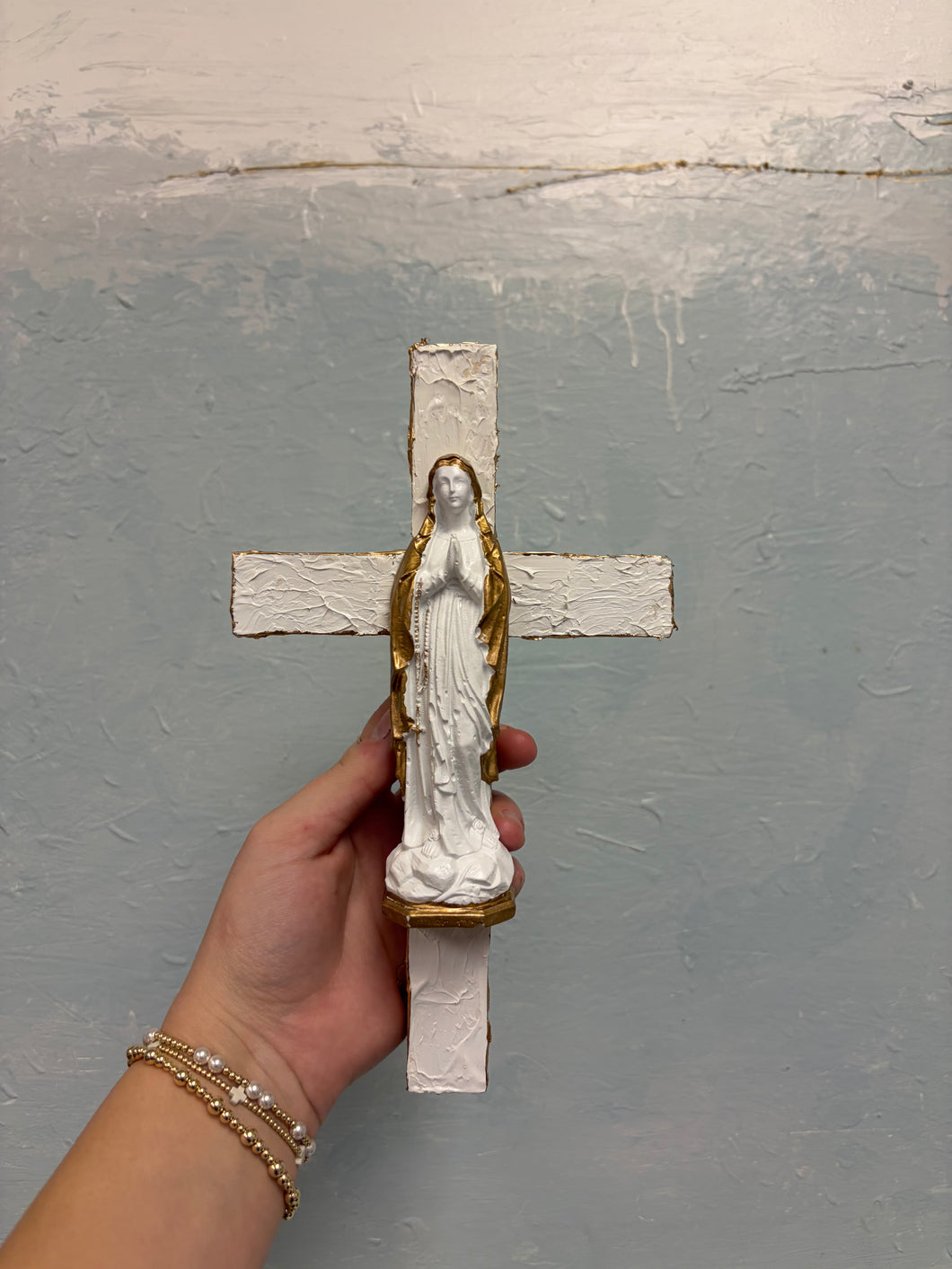 Gold + White cross  mary praying - Sacred Designs