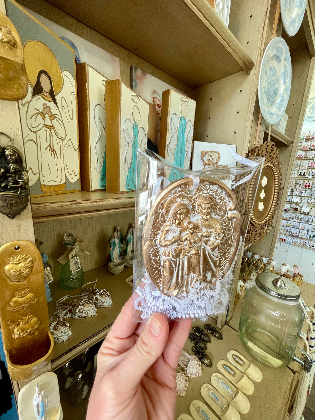 Gold and white Holy Family Plaster Ornament- Sacred Designs