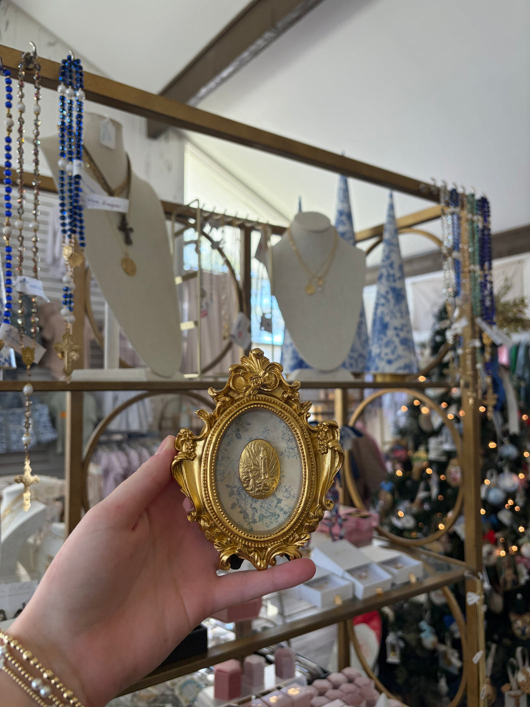 Our lady of Fatima on floral ivory backed small gold frame - Christina Yeager Designs