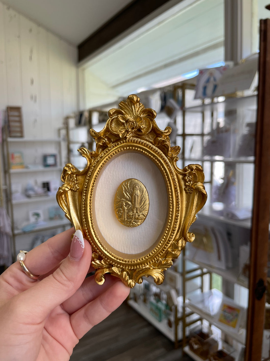 Our lady of Fatima on ivory backed small gold frame - Christina Yeager Designs