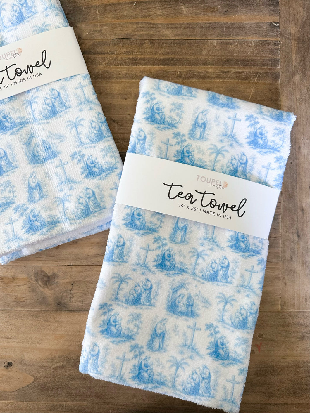 Custom religious toile print tea towel -Toupelo crafts