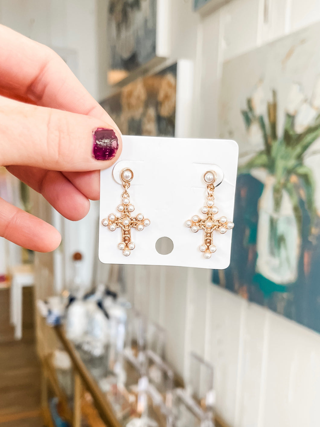Pearl Cross Earrings- The Gilded Mosquito