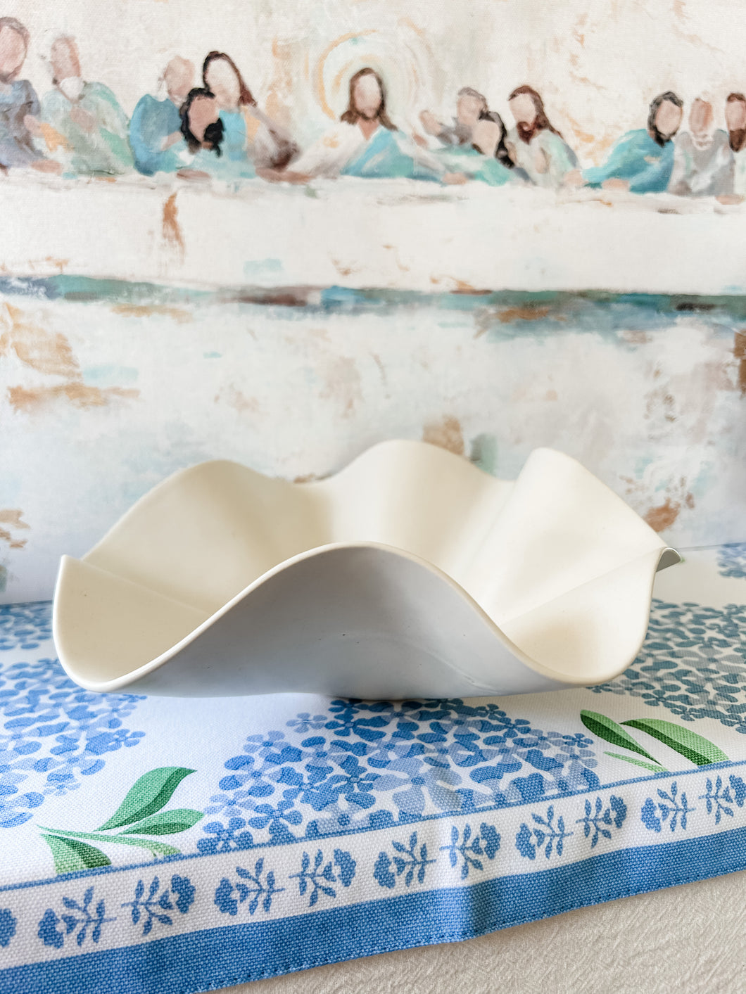 White plaster scalloped bowl