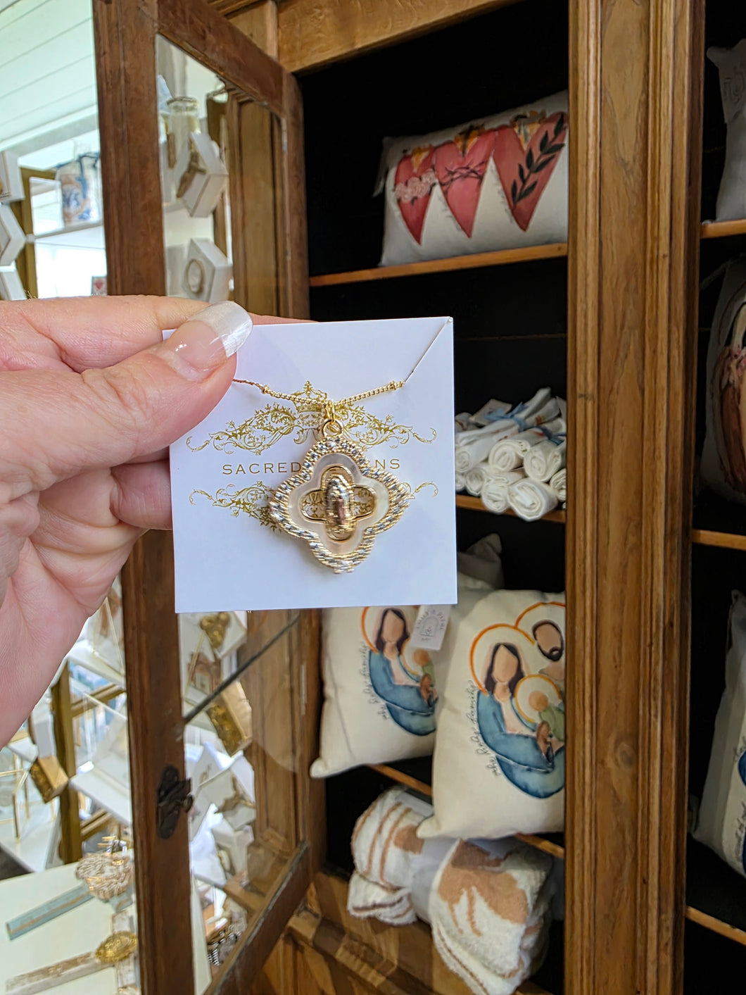 Rhinestone/pearl/ guadalupe necklace sacred designs