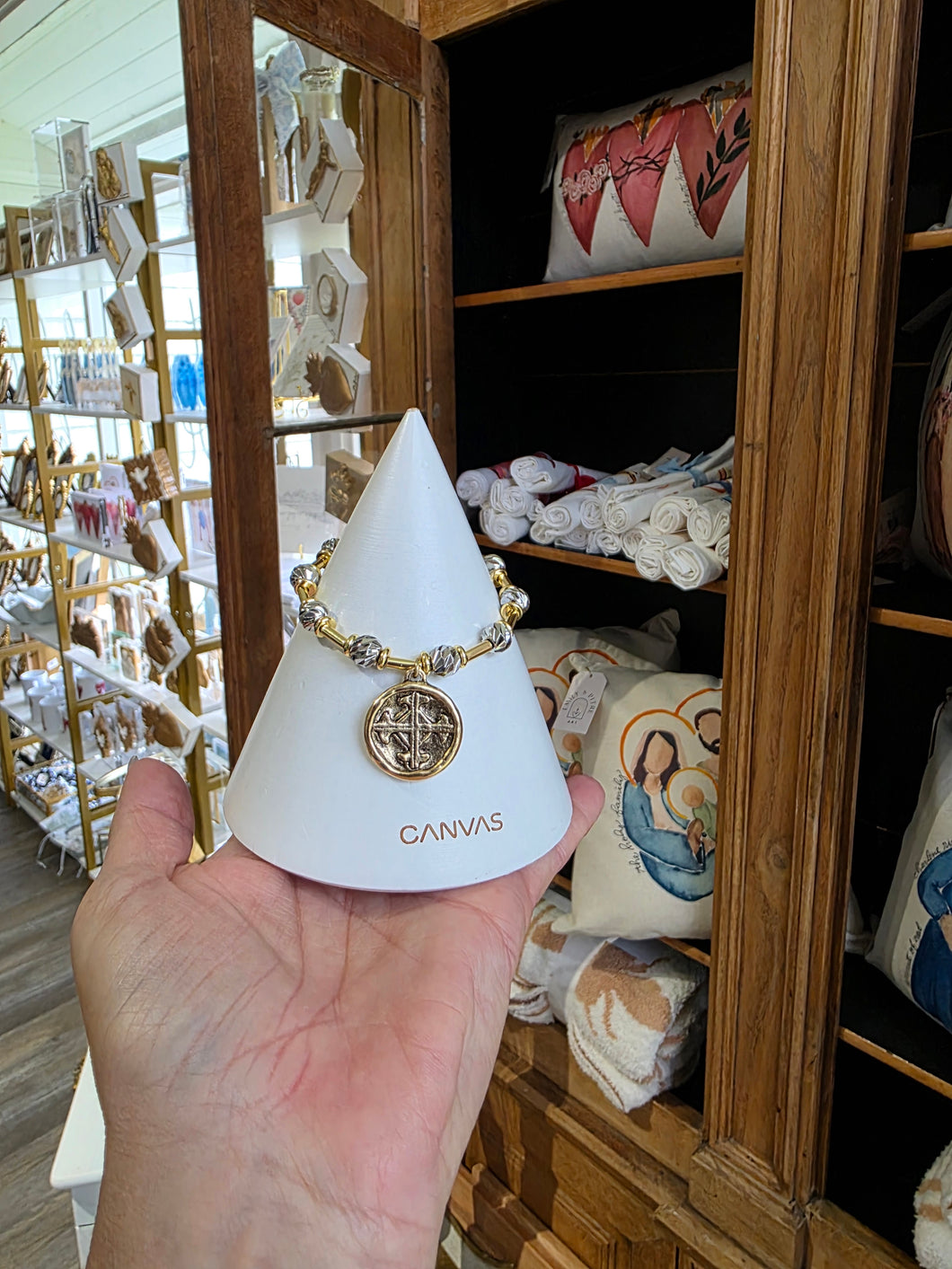 Gold/rinestone cross bracelet- sacred designs