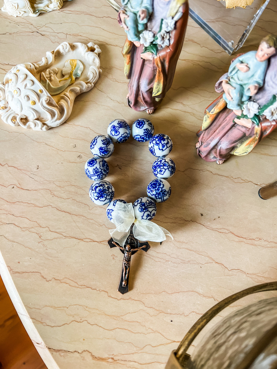 Blue and White blessing beads with Bronze/Gold Crucifix