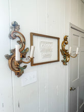 Load image into Gallery viewer, One of a kind mint green and gold antique Italian wall sconces, pair
