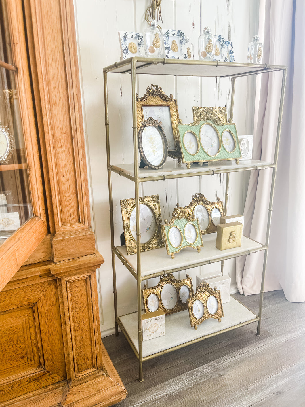 Gold bamboo and marble shelving unit