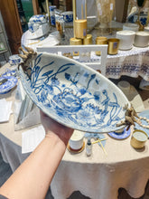 Load image into Gallery viewer, Large blue and white dish with brass birds
